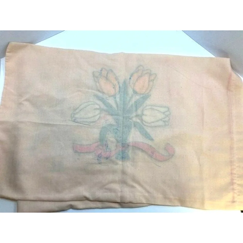 2 Vtg Handmade Pillow Cases Yellow & White Tulips & Pink Bow‎ Loop Puch Stitch